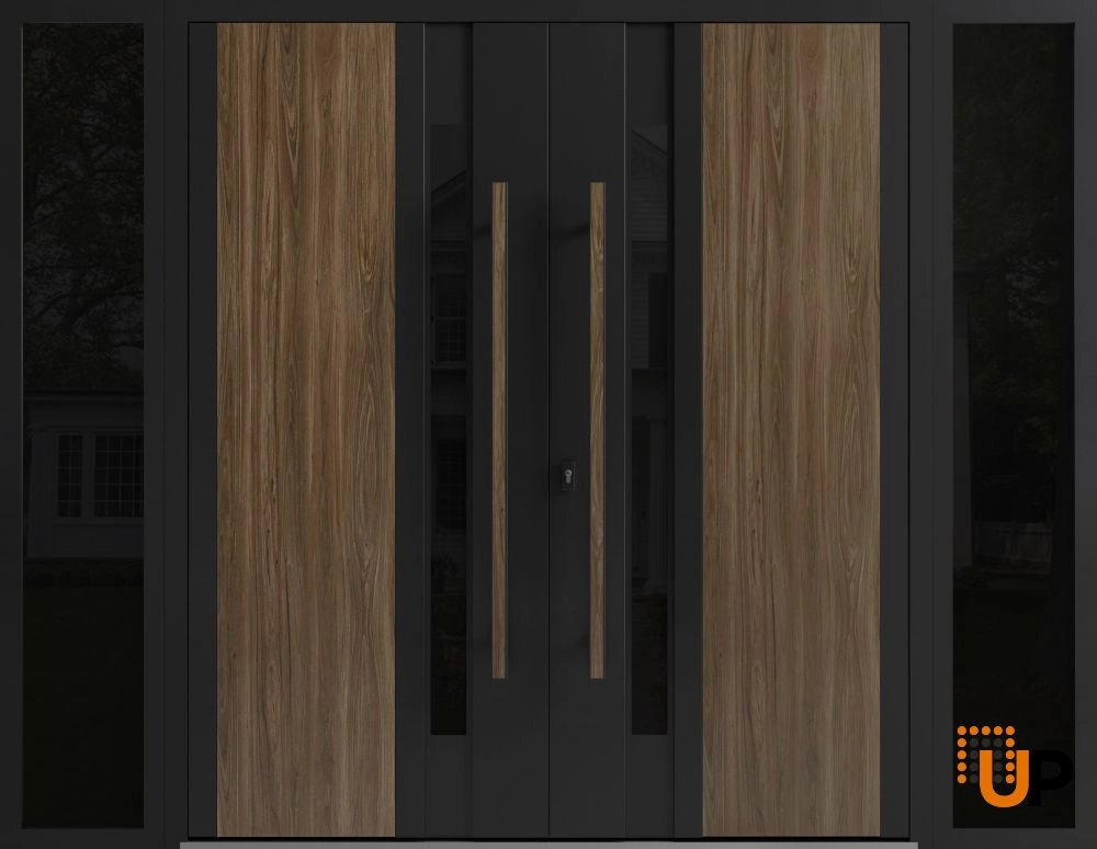 Double swing metal-aluminum modern exterior door with tinted clear-mirrored glass | Dekton 0163 Venezia Noce | 104 x 80 (16+72+16 x 80) photo#1
