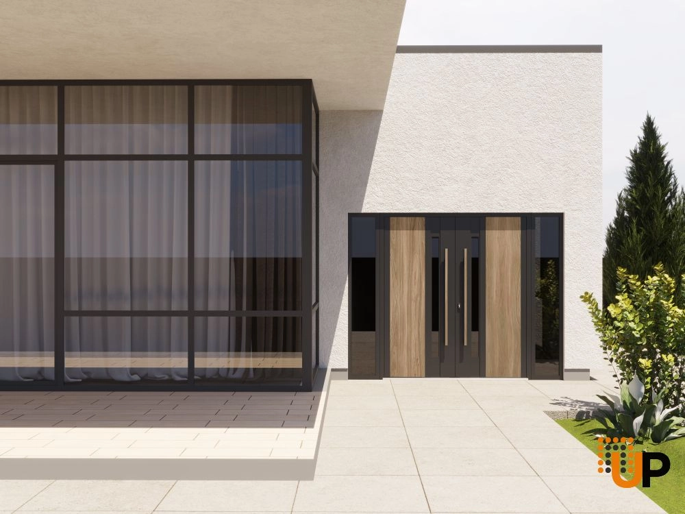 Double swing metal-aluminum modern exterior door with tinted clear-mirrored glass | Dekton 0163 Venezia Noce | 104 x 80 (16+72+16 x 80) photo#3