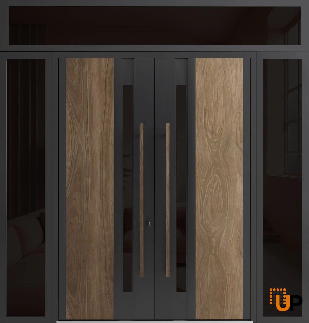 Double swing metal-aluminum modern exterior door with tinted clear-mirrored glass | Dekton 0163 Venezia Noce | 104 x 96 (16+72+16 x 80+16) photo#1