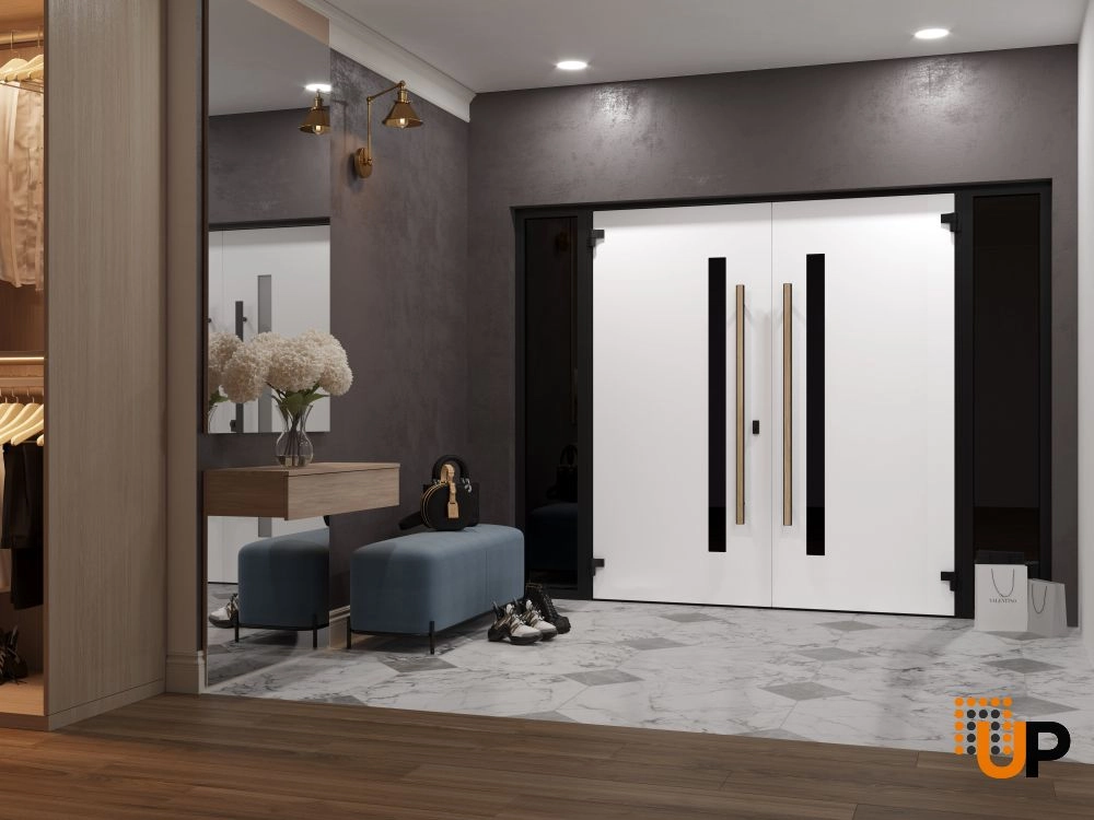 Double swing metal-aluminum modern exterior door with tinted clear-mirrored glass | Dekton 0163 Venezia Noce | 104 x 96 (16+72+16 x 96) photo#4