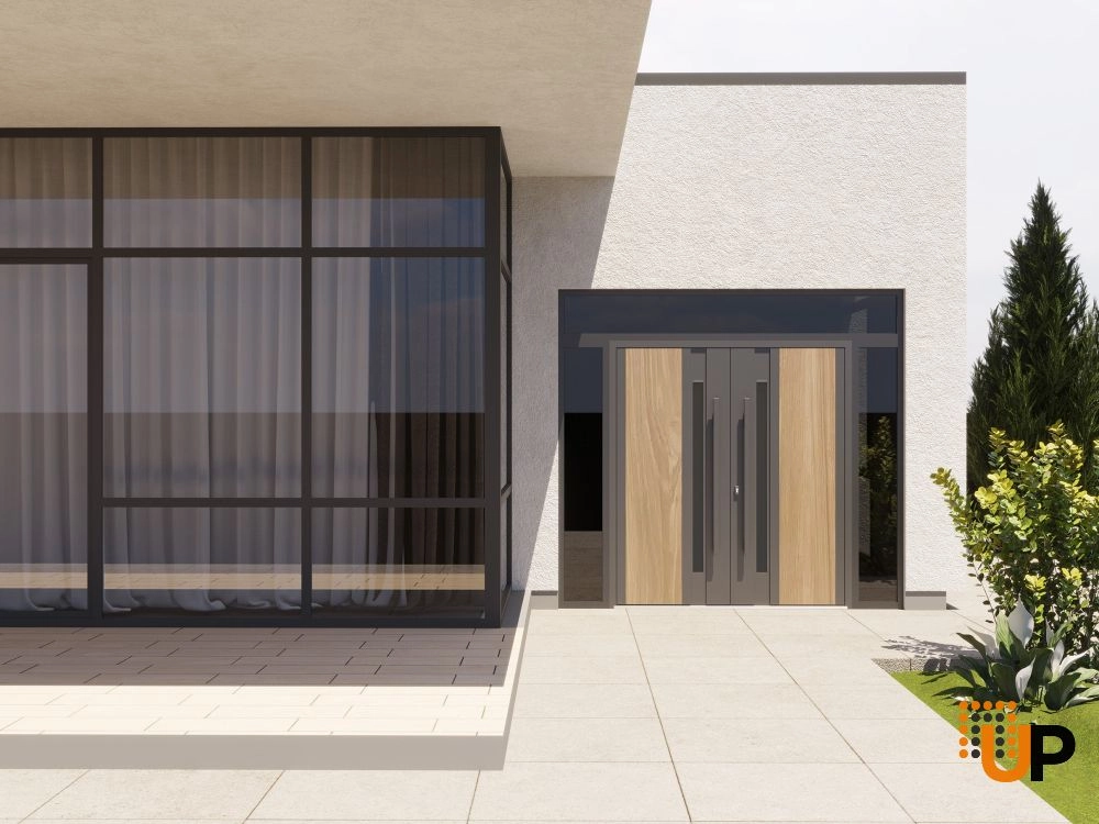 Double swing metal-aluminum modern exterior door with tinted clear-mirrored glass | Dekton 0163 Venezia Noce | 104 x 110 (16+72+16 x 96+14) photo#3