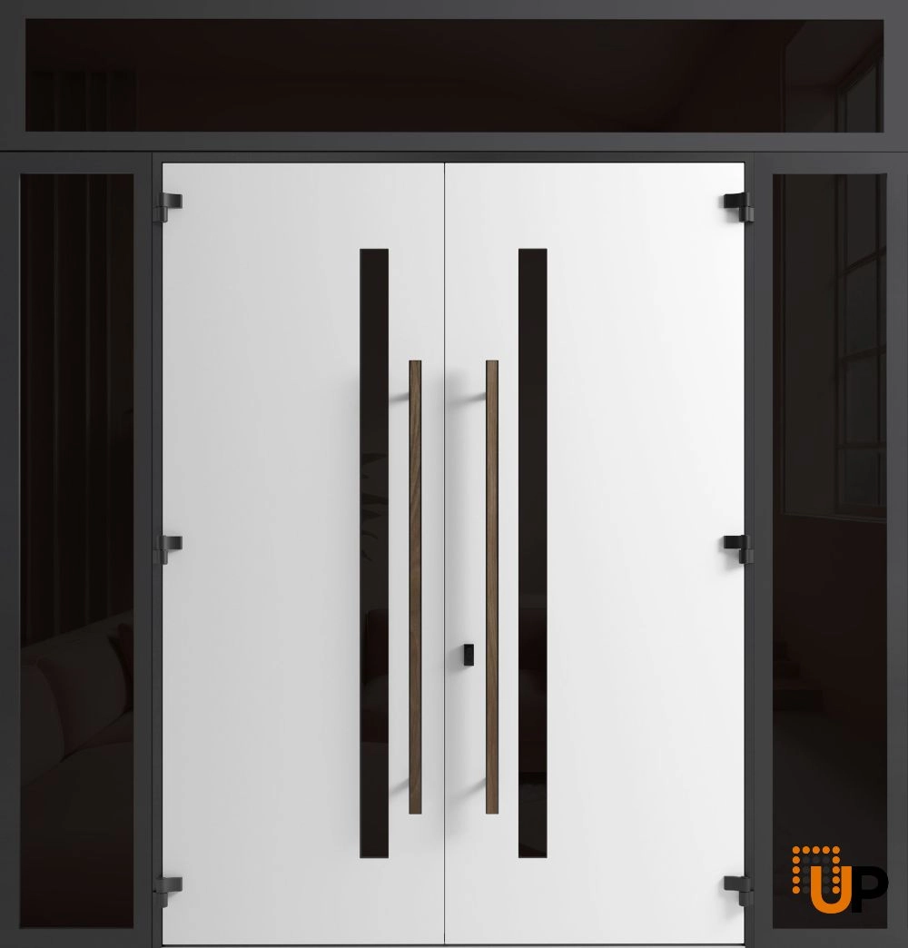 Double swing metal-aluminum modern exterior door with tinted clear-mirrored glass | Dekton 0163 Venezia Noce | 104 x 110 (16+72+16 x 96+14) photo#2