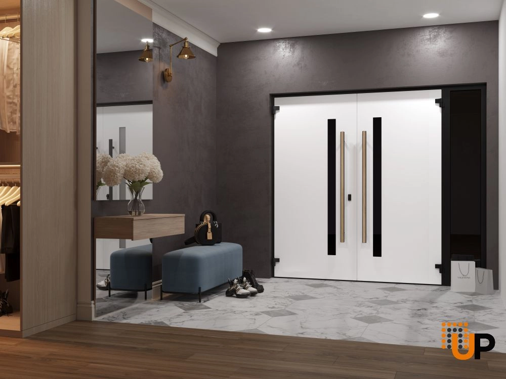 Double swing metal-aluminum modern exterior door with tinted clear-mirrored glass | Dekton 0163 Venezia Noce | 84 x 80 (72+12 x 80) photo#4