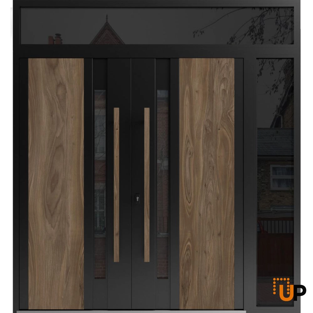 Double swing metal-aluminum modern exterior door with tinted clear-mirrored glass | Dekton 0163 Venezia Noce | 84 x 94 (72+12 x 80+14) photo#1