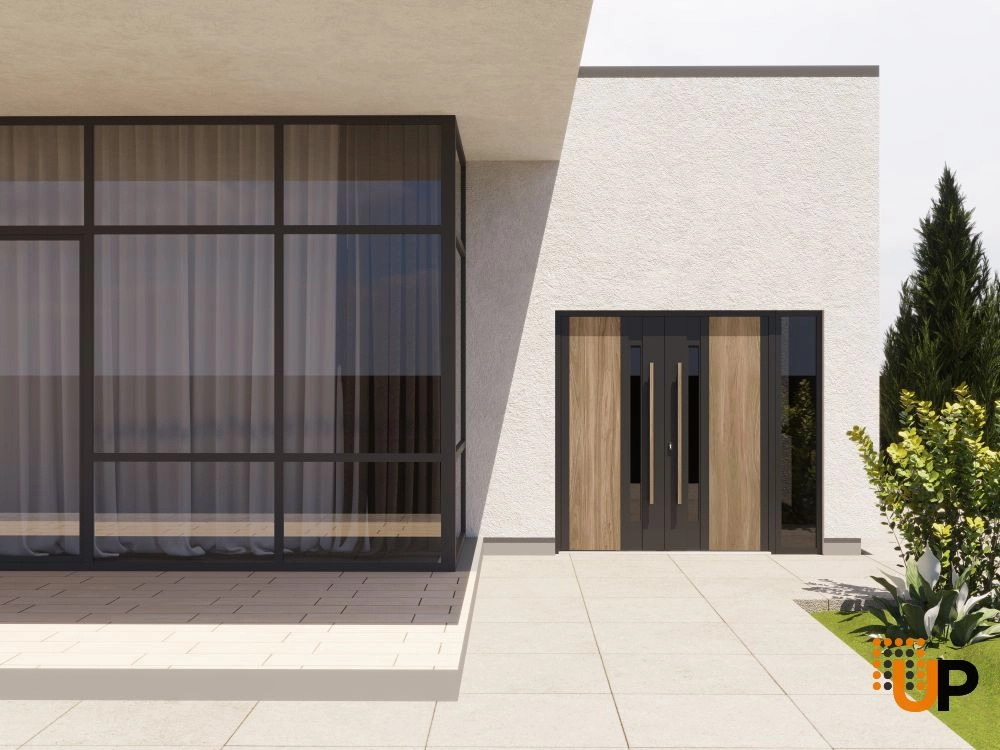 Double swing metal-aluminum modern exterior door with tinted clear-mirrored glass | Dekton 0163 Venezia Noce | 84 x 96 (72+12 x 96) photo#3