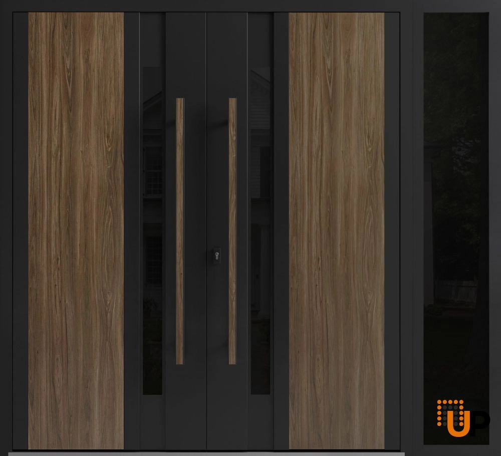 Double swing metal-aluminum modern exterior door with tinted clear-mirrored glass | Dekton 0163 Venezia Noce | 84 x 96 (72+12 x 96) photo#1