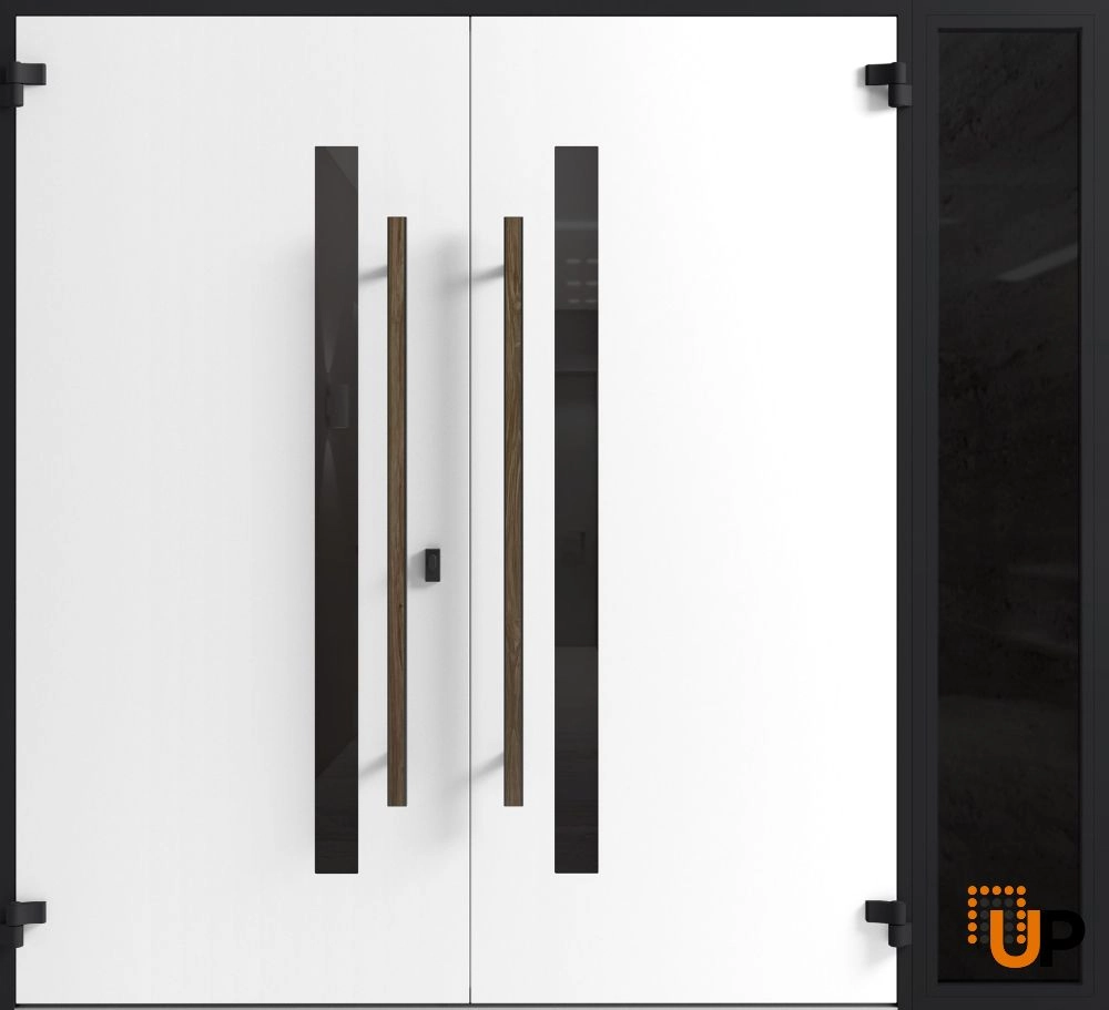 Double swing metal-aluminum modern exterior door with tinted clear-mirrored glass | Dekton 0163 Venezia Noce | 84 x 96 (72+12 x 96) photo#2