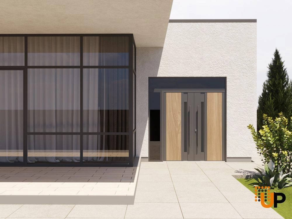 Double swing metal-aluminum modern exterior door with tinted clear-mirrored glass | Dekton 0163 Venezia Noce | 86 x 110 (72+14 x 96+14) photo#3