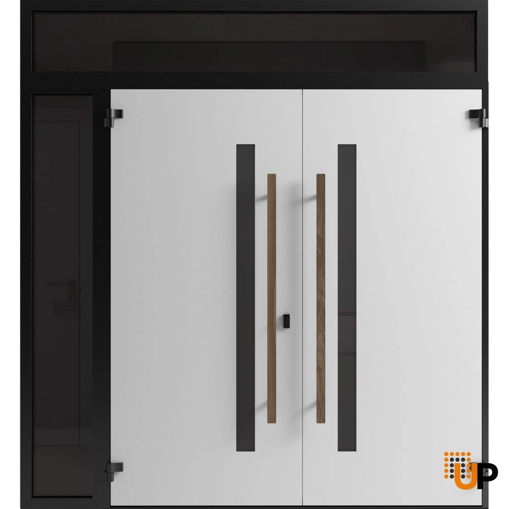 Double swing metal-aluminum modern exterior door with tinted clear-mirrored glass | Dekton 0163 Venezia Noce | 88 x 110 (72+16 x 96+14) photo#2