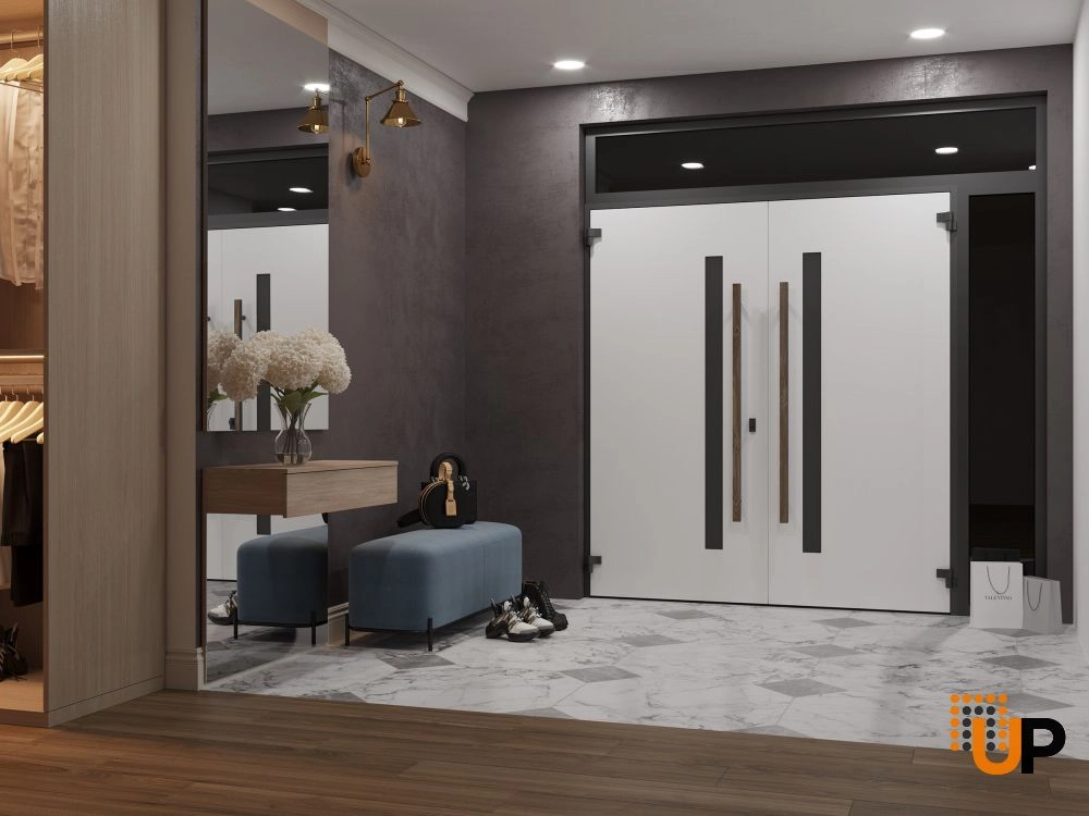 Double swing metal-aluminum modern exterior door with tinted clear-mirrored glass | Dekton 0163 Venezia Noce | 88 x 110 (72+16 x 96+14) photo#4