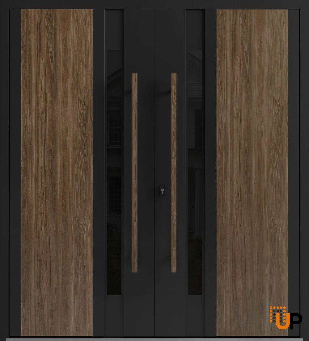 Double swing metal-aluminum modern exterior door with tinted clear-mirrored glass | Dekton 0163 Venezia Noce | 60 x 80 (60 x 80) photo#1