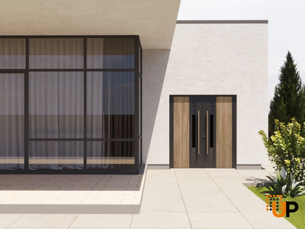 Double swing metal-aluminum modern exterior door with tinted clear-mirrored glass | Dekton 0163 Venezia Noce | 60 x 80 (60 x 80) photo#3