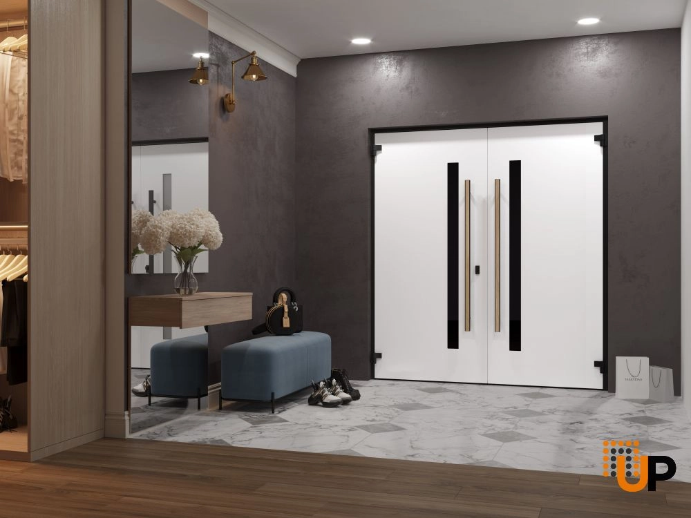 Double swing metal-aluminum modern exterior door with tinted clear-mirrored glass | Dekton 0163 Venezia Noce | 60 x 80 (60 x 80) photo#4