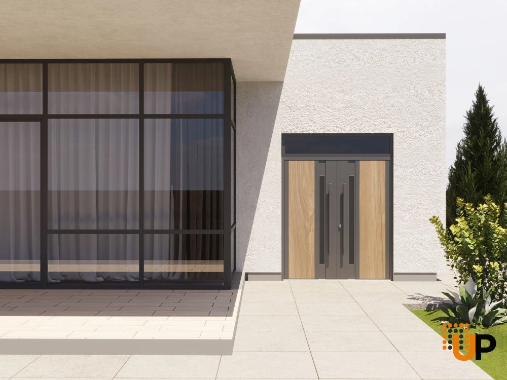 Double swing metal-aluminum modern exterior door with tinted clear-mirrored glass | Dekton 0163 Venezia Noce | 72 x 96 (72 x 80+16) photo#3