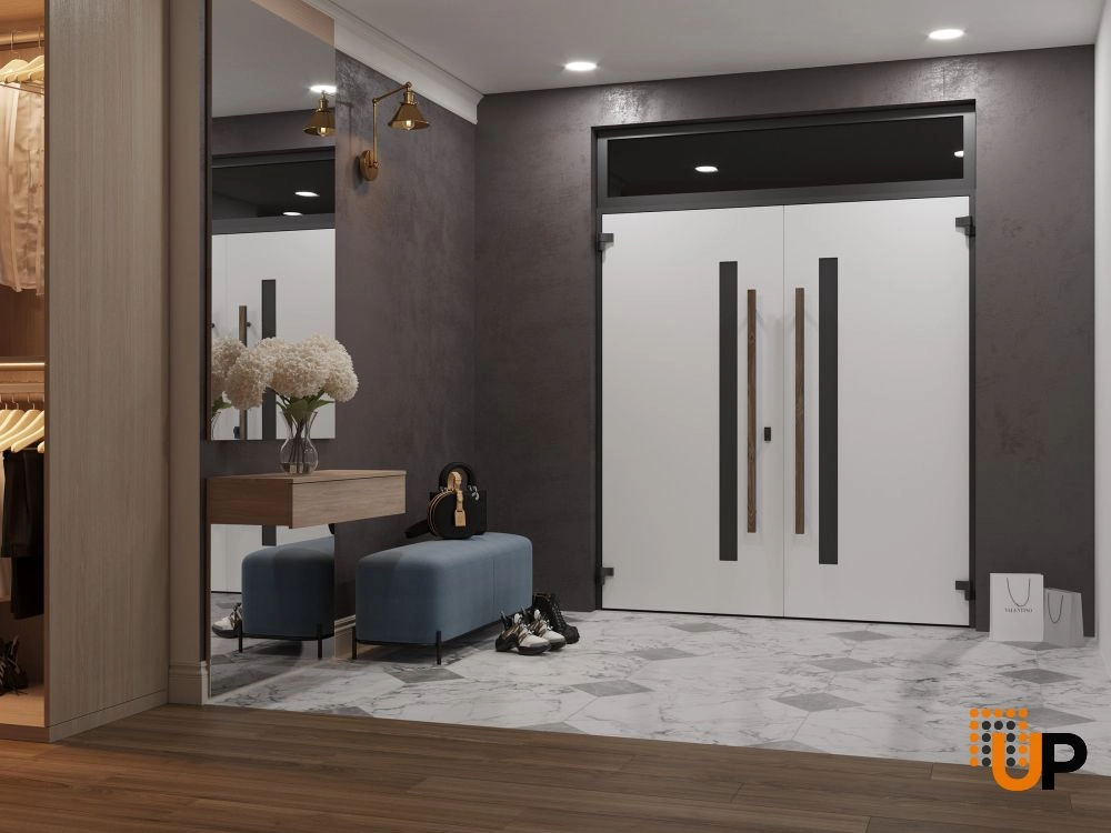 Double swing metal-aluminum modern exterior door with tinted clear-mirrored glass | Dekton 0163 Venezia Noce | 72 x 96 (72 x 80+16) photo#4