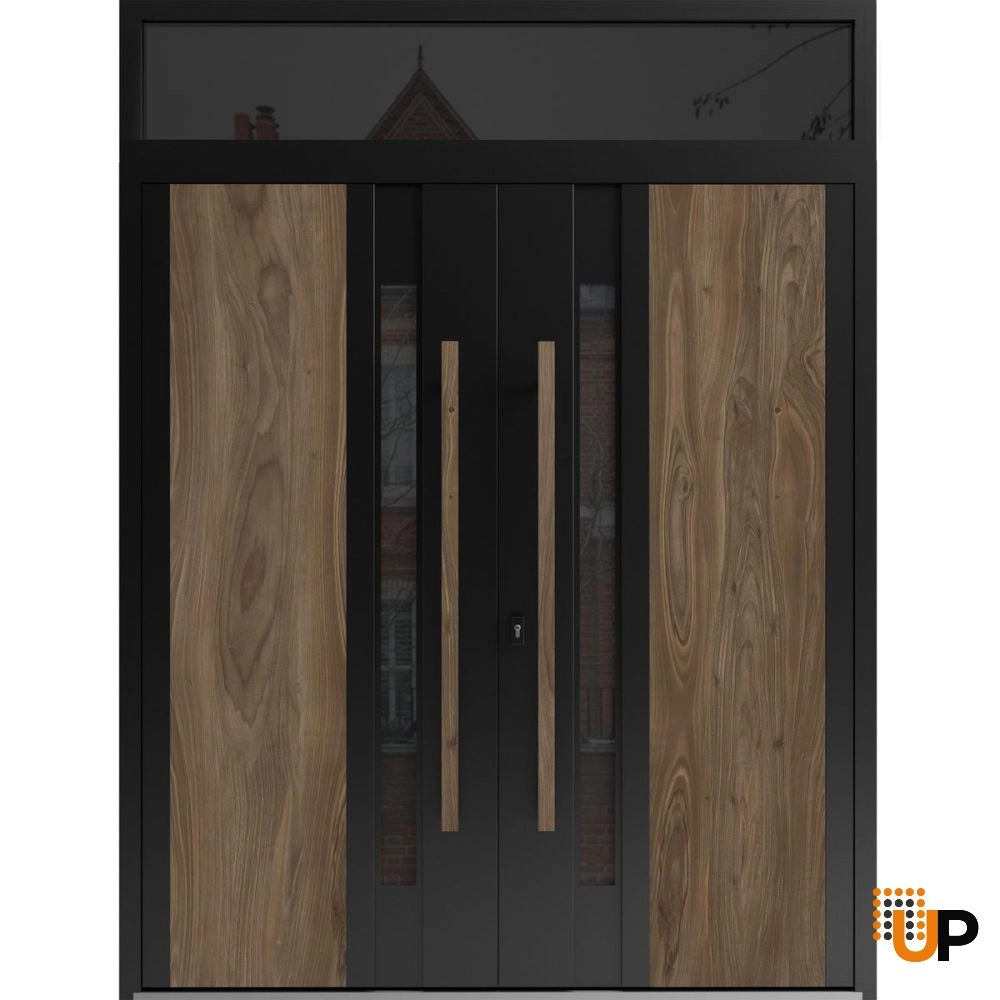 Double swing metal-aluminum modern exterior door with tinted clear-mirrored glass | Dekton 0163 Venezia Noce | 72 x 112 (72 x 96+16) photo#1