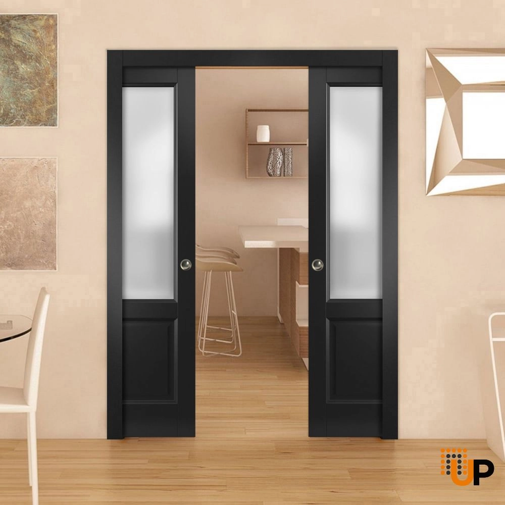 Single solid core classic interior door slab with frosted glass | Lucia 22 Black Matte | 18 x 80 photo#3