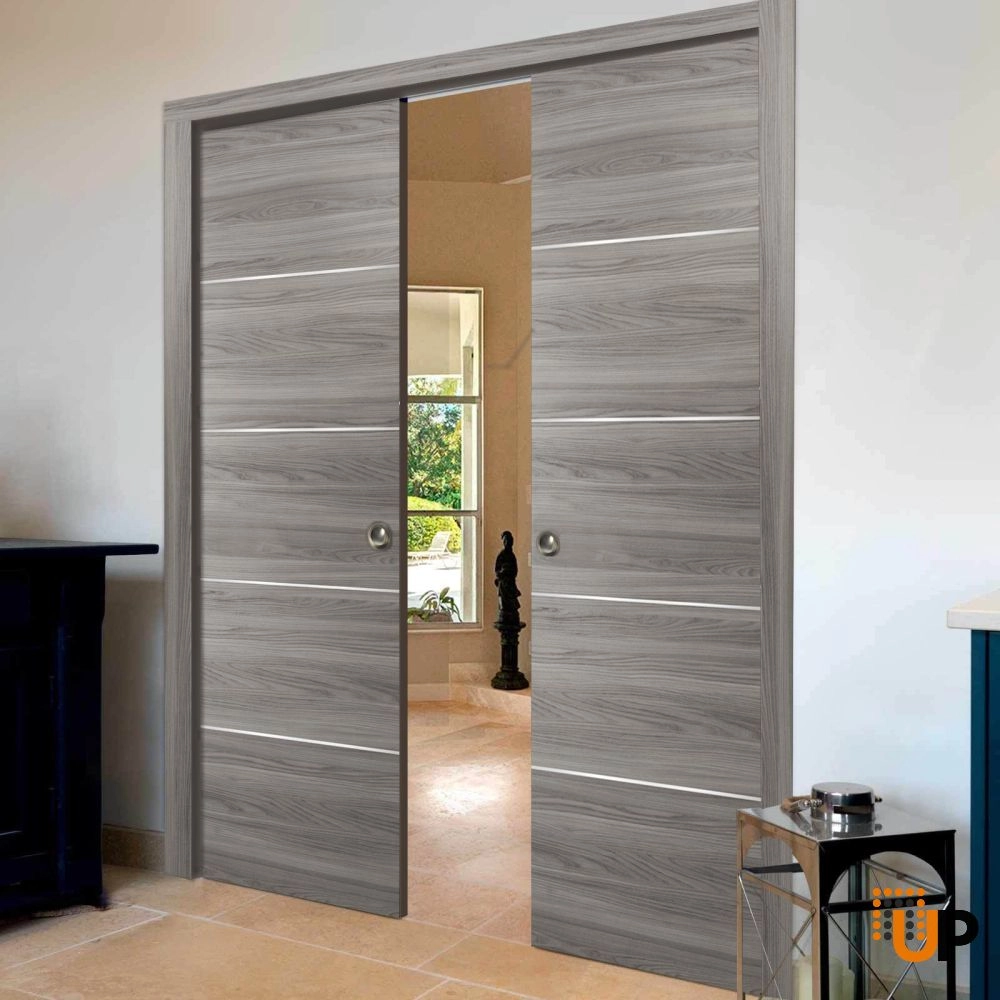 Double solid wood with honeycomb sliding modern interior pocket double door | Planum 0020 Ginger Ash | 36 x 80 (2* 18x80) photo#2