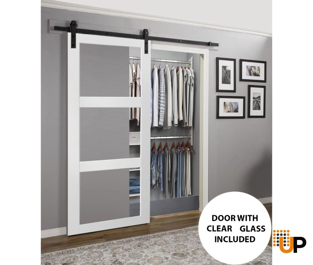 Single solid core sliding luxury interior barn door with clear glass | Lucia 2555 White | 18 x 80 photo#2