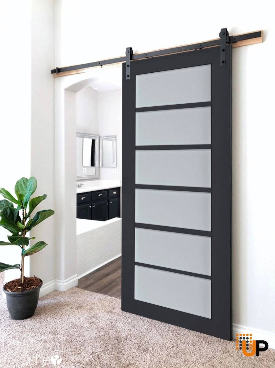 Single laminate sliding luxury interior barn door with frosted glass | Veregio 7602 Antracite | 18 x 80 photo#2