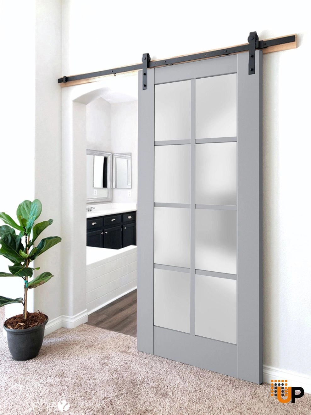 Single laminate sliding classic interior barn door with frosted glass | Veregio 7412 Matte Grey | 18 x 80 photo#2