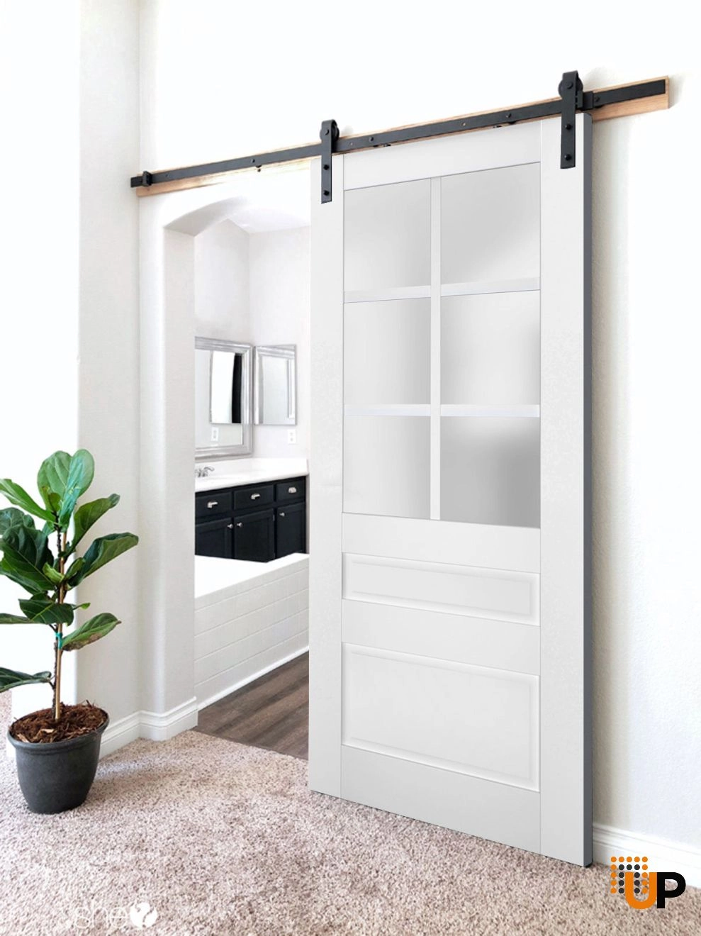 Single laminate sliding classic interior barn door with frosted glass | Veregio 7339 White | 18 x 80 photo#2