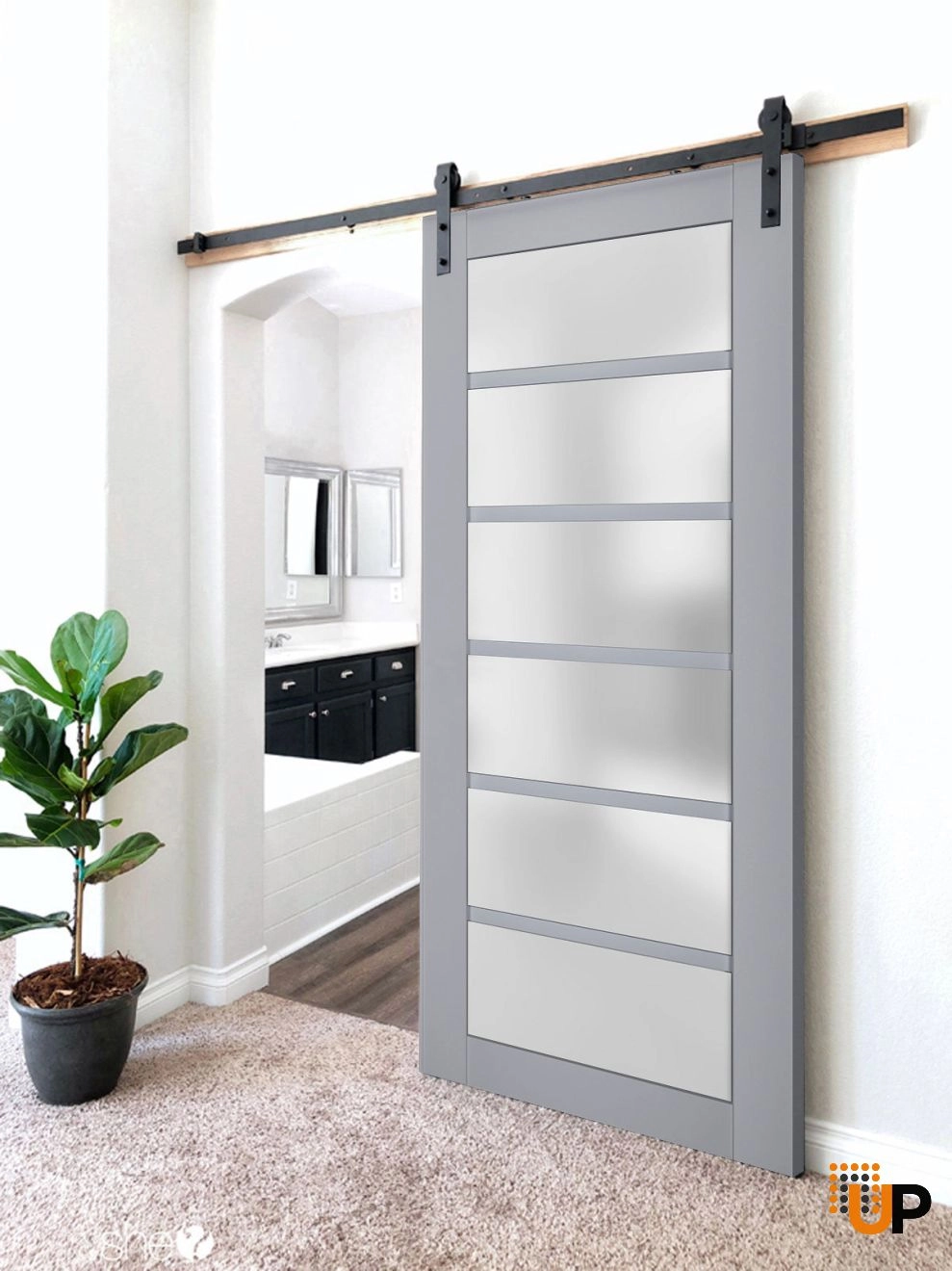 Single laminate sliding luxury interior barn door with frosted glass | Veregio 7602 Matte Grey | 18 x 80 photo#2