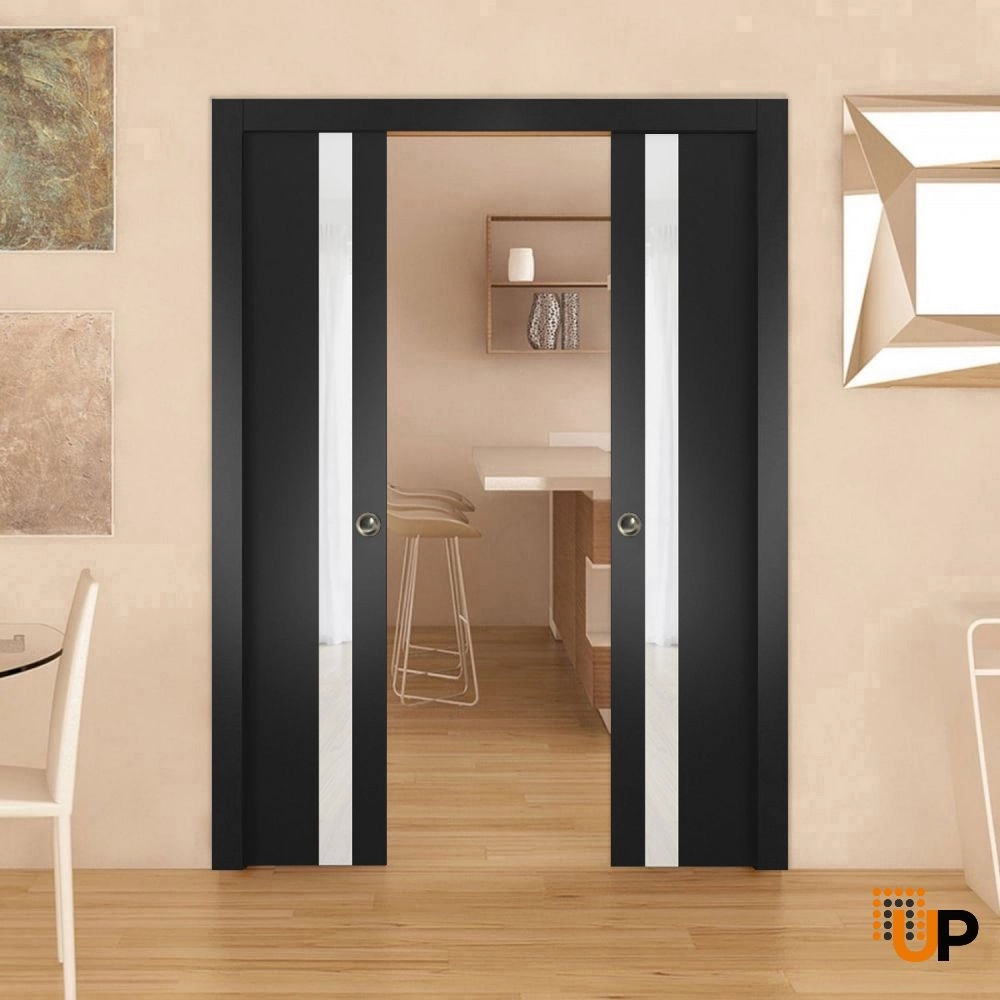 Single solid core interior door slab with frosted glass | Planum 0040 Black Matte | 18 x 80 photo#3
