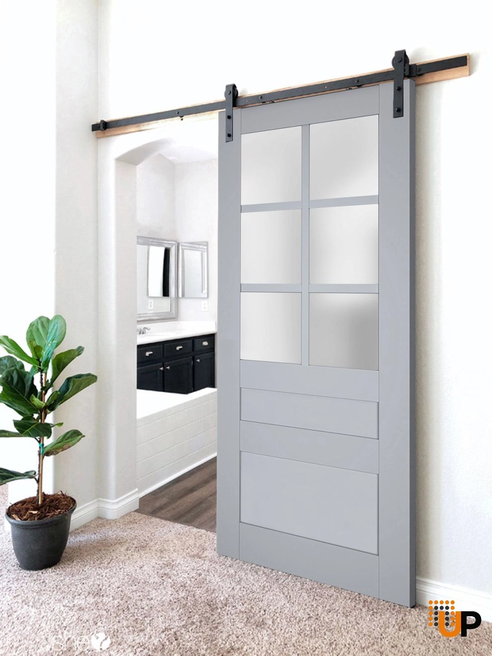 Single laminate sliding classic interior barn door with frosted glass | Veregio 7339 Matte Grey | 18 x 80 photo#2
