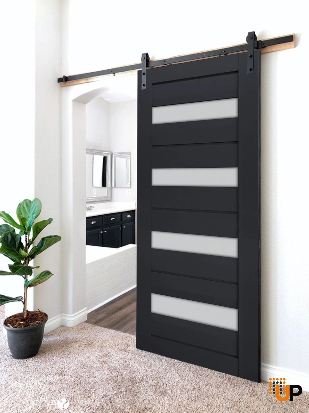 Single laminate sliding modern interior barn door with frosted glass | Veregio 7455 Antracite | 18 x 80 photo#2