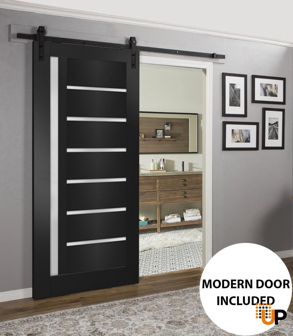 Single mdf sliding modern interior barn door with frosted glass | Quadro 4088  Black Matte | 18 x 80 photo#2