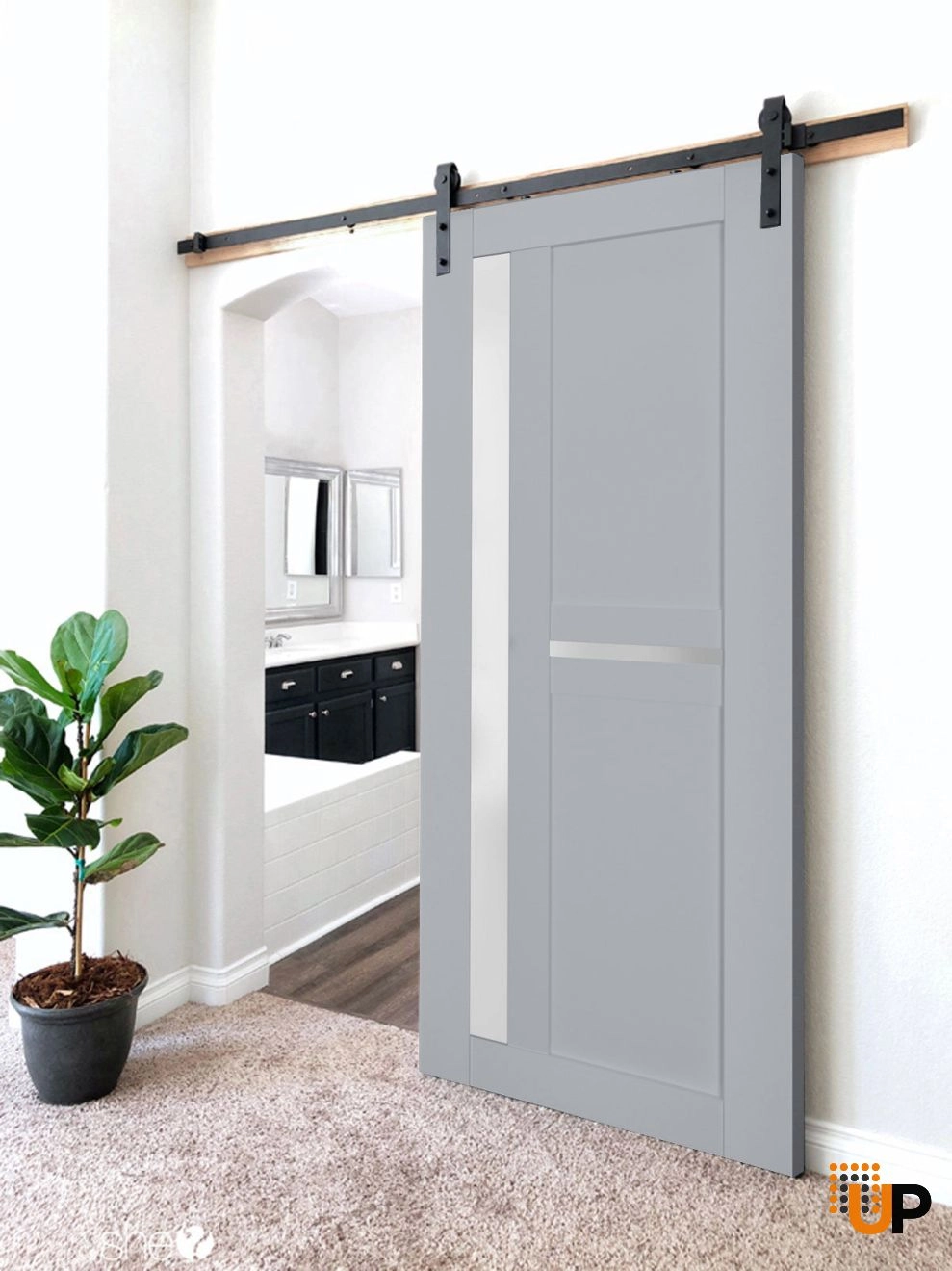Single laminate sliding modern interior barn door with frosted glass | Veregio 7288 Matte Grey | 18 x 80 photo#2