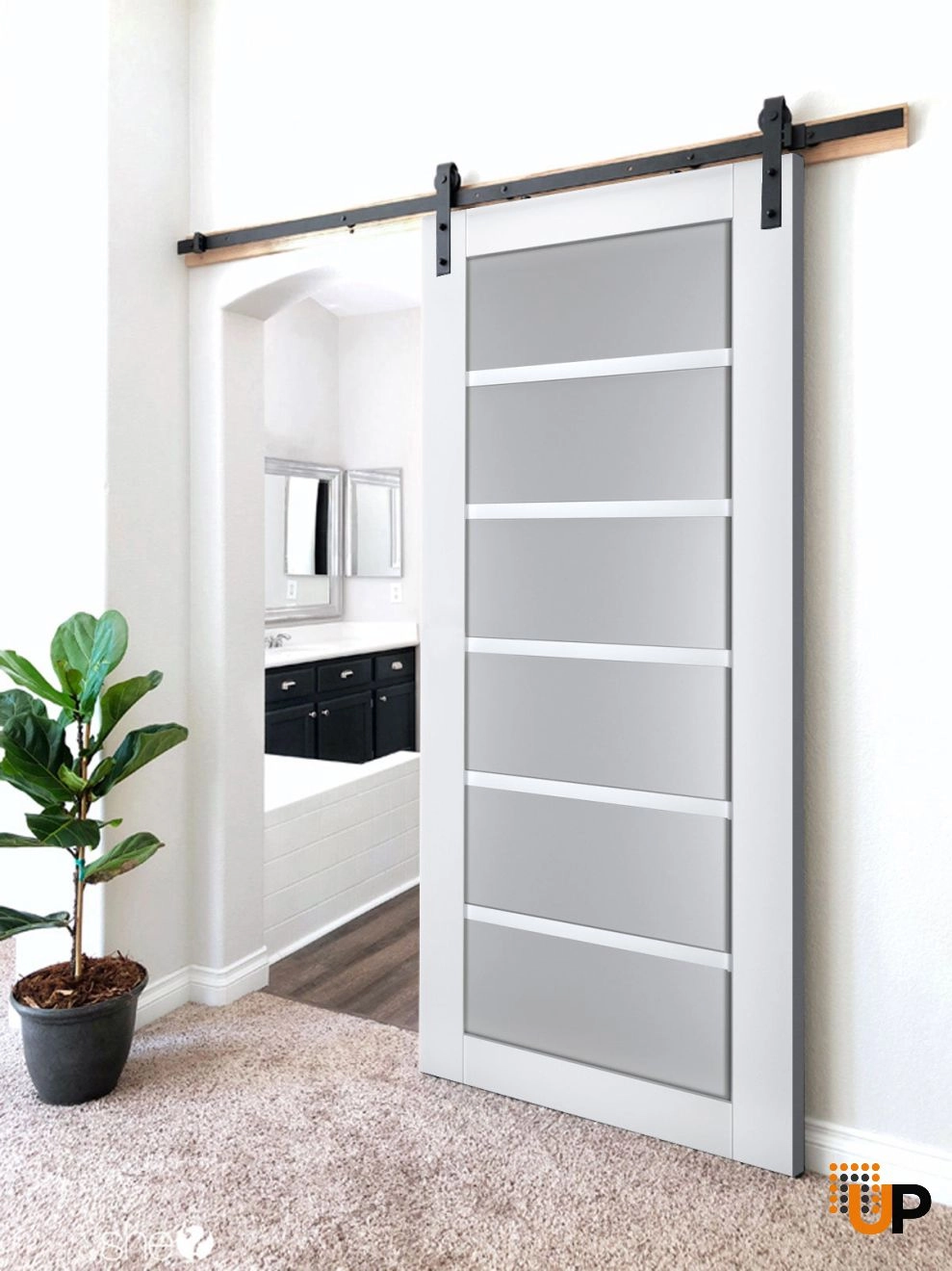 Single laminate sliding luxury interior barn door with frosted glass | Veregio 7602 White | 18 x 80 photo#2