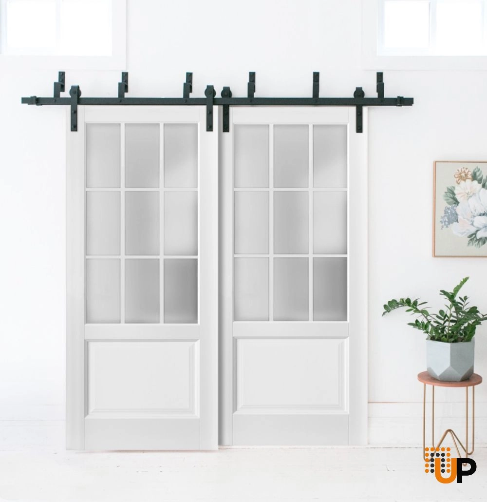 Double solid core sliding classic interior barn bypass door with frosted glass | Felicia 3309 White | 36 x 80 (2* 18x80) photo#2