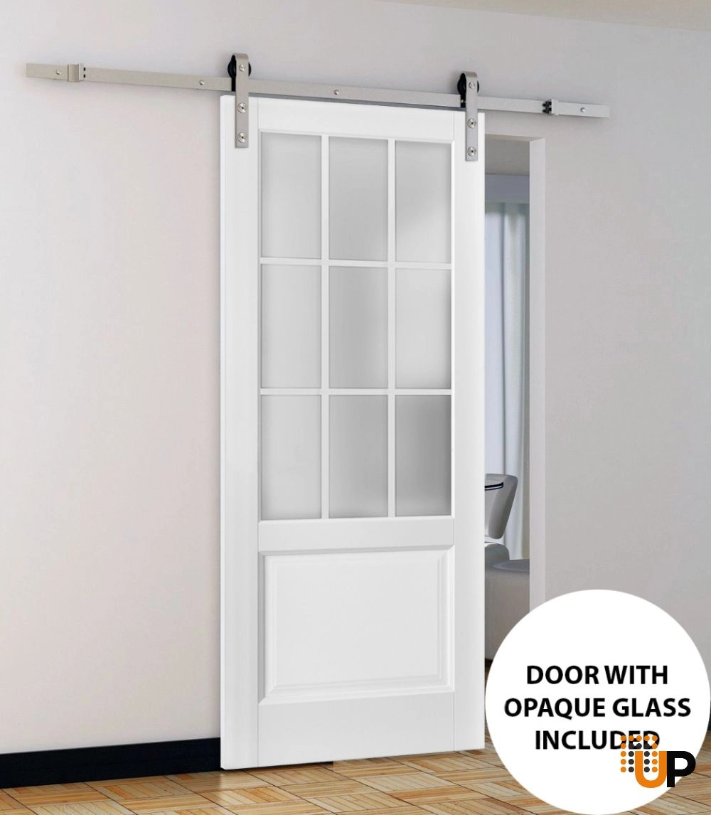 Single solid core sliding classic interior barn door with frosted glass | Felicia 3309 White | 18 x 80 photo#2