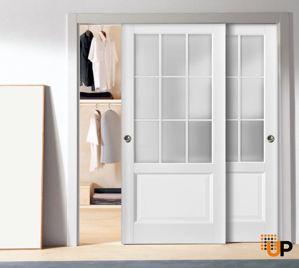 Double solid core sliding classic interior closet bypass door with frosted glass | Felicia 3309 White | 36 x 80 (2* 18x80) photo#2