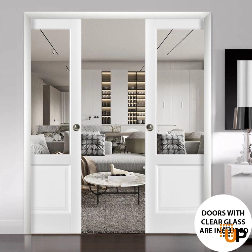 Double solid core sliding classic interior pocket double door with clear glass | Lucia 1533 White | 60 x 80 (2* 30x80) photo#2