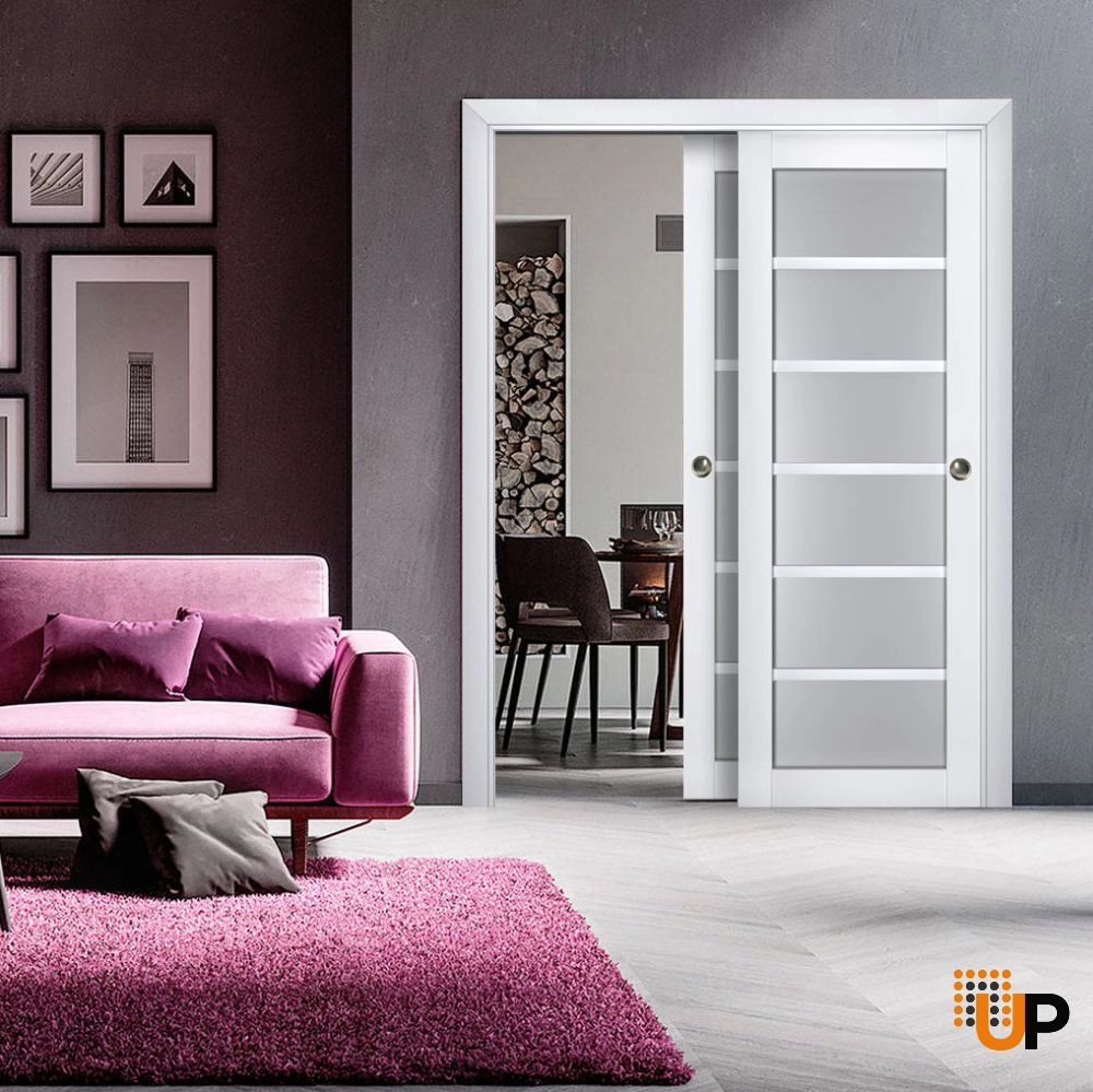Double laminate sliding luxury interior closet bypass door with frosted glass | Veregio 7602 White | 36 x 80 (2* 18x80) photo#2