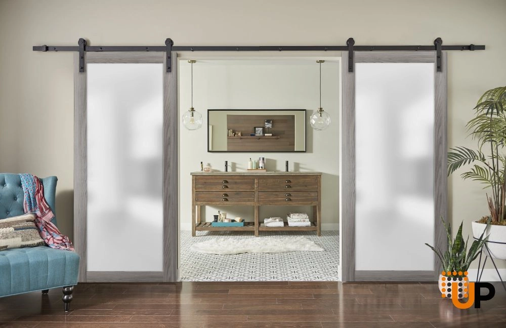 Double solid core sliding french interior barn double door with frosted glass | Planum 2102 Ginger Ash | 36 x 80 (2* 18x80) photo#2