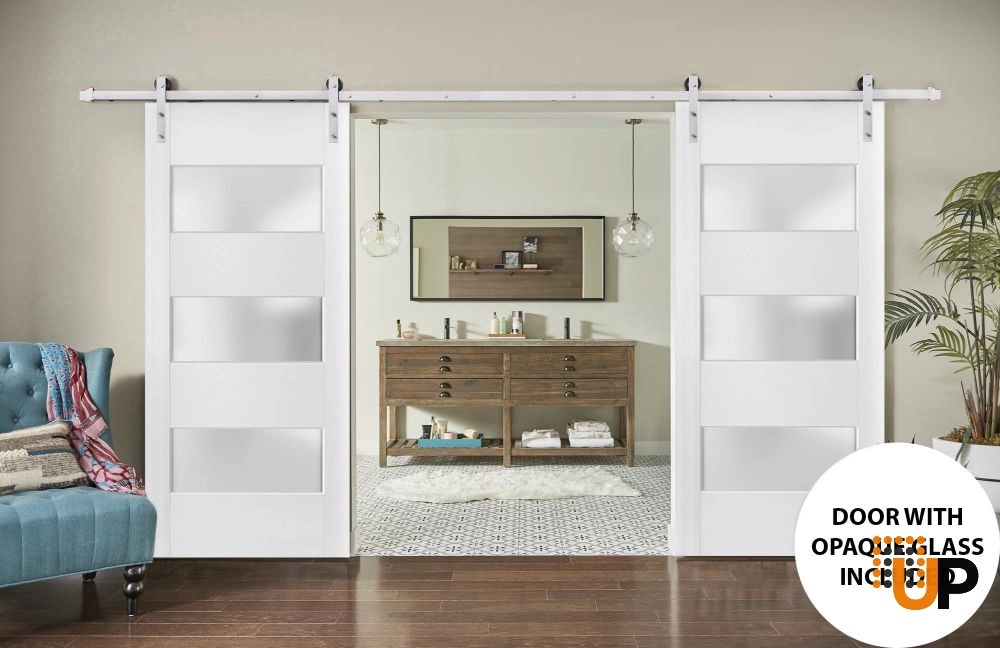 Double solid core sliding french interior barn double door with frosted glass | Lucia 4070 White | 36 x 80 (2* 18x80) photo#2