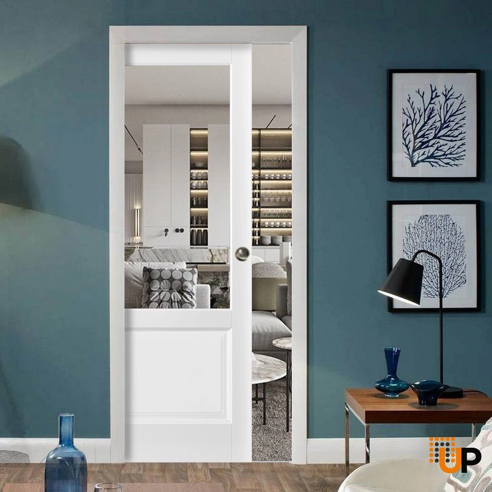 Single solid core sliding classic interior pocket door with clear glass | Lucia 1533 White | 42 x 96 photo#2