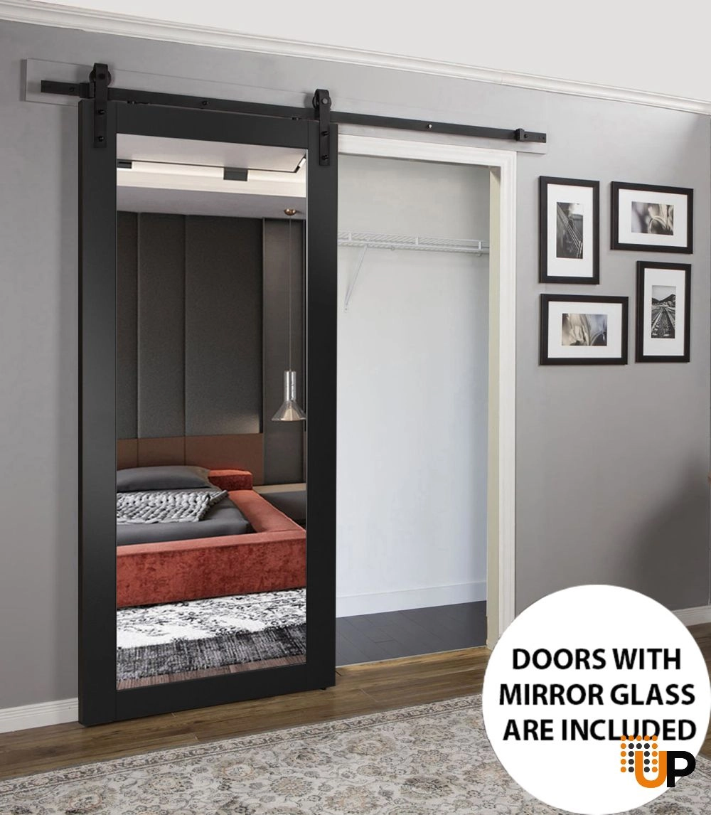 Single solid core sliding luxury interior barn door with mirror glass | Lucia 1299 Black Matte | 18 x 80 photo#2