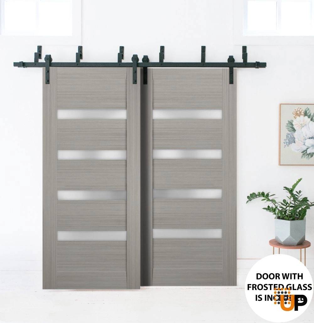 Double solid core sliding interior barn bypass door with frosted glass | Quadro 4113 Ginger Ash | 36 x 80 (2* 18x80) photo#2
