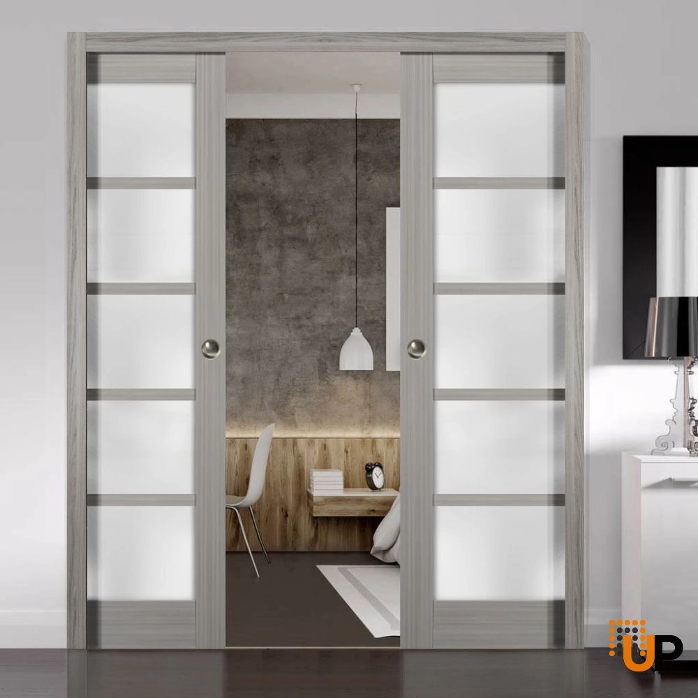 Double mdf sliding french interior pocket double door with frosted glass | Quadro 4002  Ginger Ash | 36 x 80 (2* 18x80) photo#2