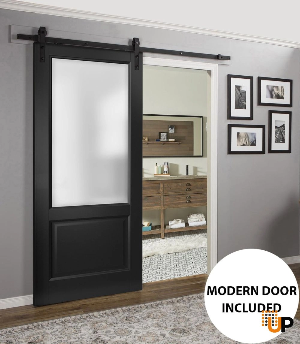Single solid core sliding classic interior barn door with frosted glass | Lucia 22 Black Matte | 18 x 80 photo#2