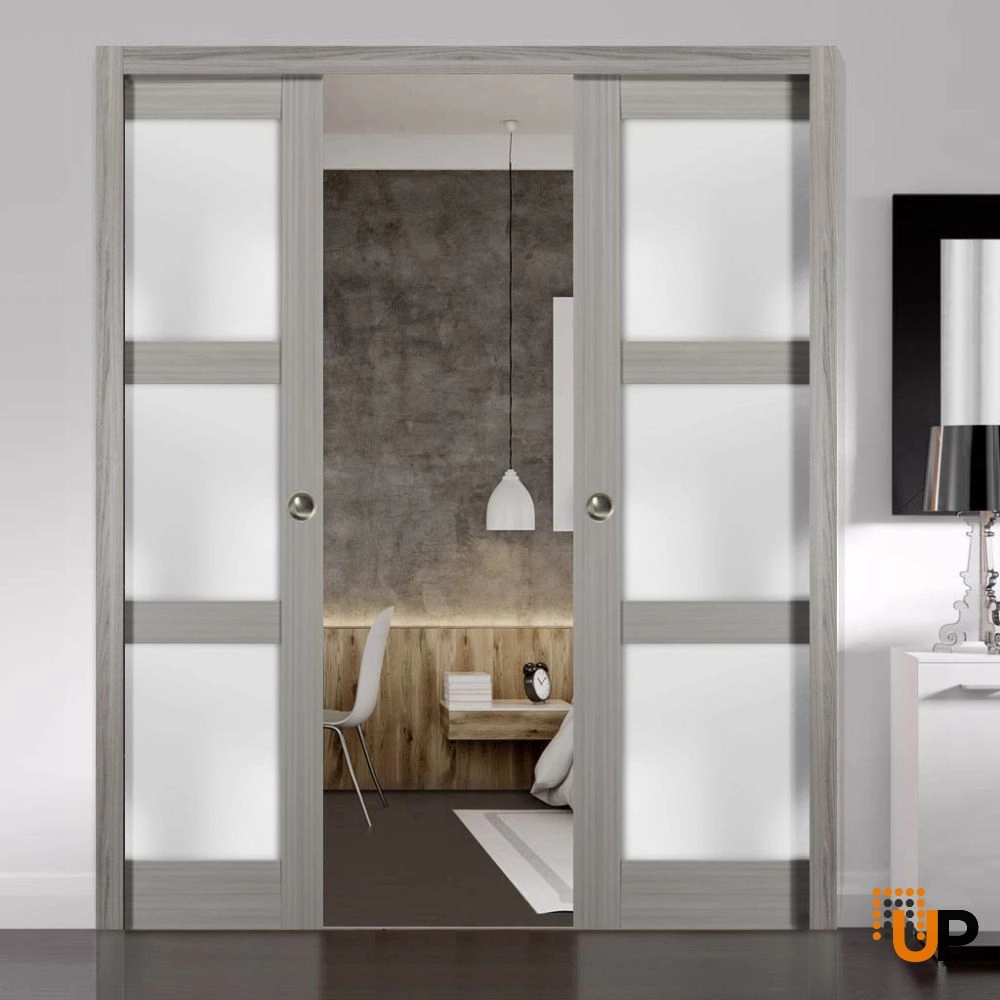 Double solid core sliding luxury interior pocket double door with frosted glass | Lucia 2552 Ginger Ash | 60 x 96 (2* 30x96) photo#3