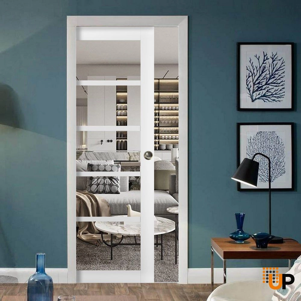 Single mdf sliding luxury interior pocket door with clear glass | Quadro 4522 White | 18 x 80 photo#2