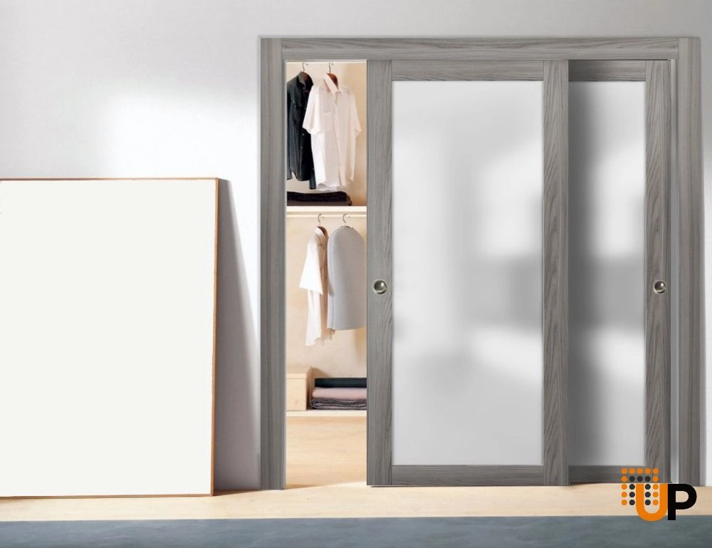 Double solid core sliding luxury interior closet bypass door with frosted glass | Planum 2102 Ginger Ash | 36 x 80 (2* 18x80) photo#2