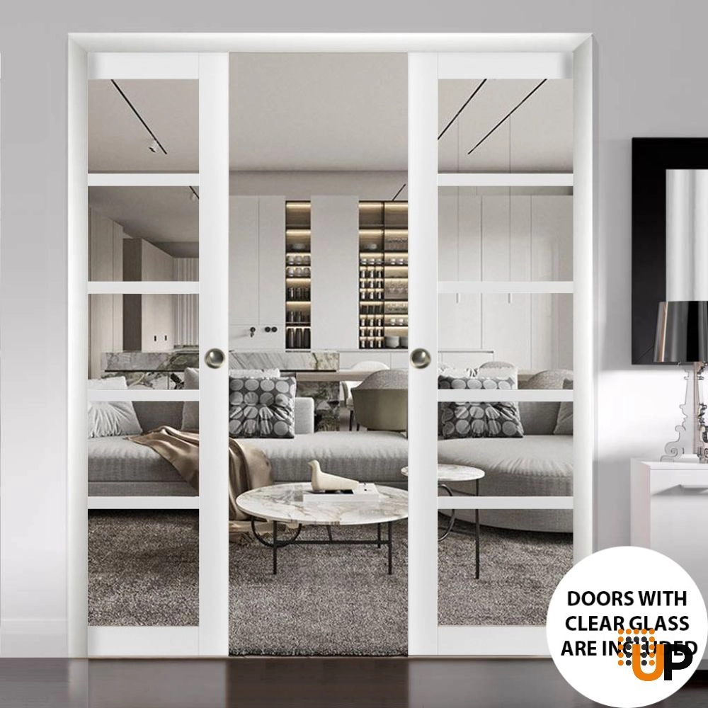 Double mdf sliding french interior pocket double door with clear glass | Quadro 4522 White | 60 x 96 (2* 30x96) photo#2