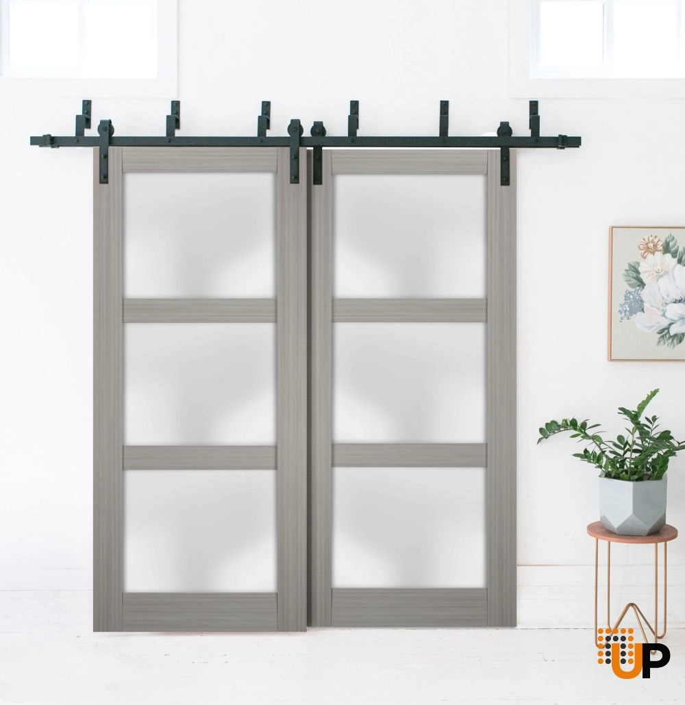 Double solid core sliding luxury interior barn bypass door with frosted glass | Lucia 2552 Ginger Ash | 36 x 80 (2* 18x80) photo#2